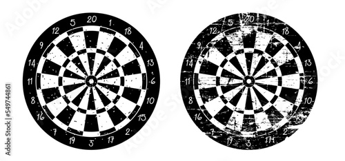 Cartoon old dart board symbol. Dartboard icon. color and twenty, black, green or white game board and darts game. goal target competition sign. Sports equipment and arrows. Throw single, double or tri