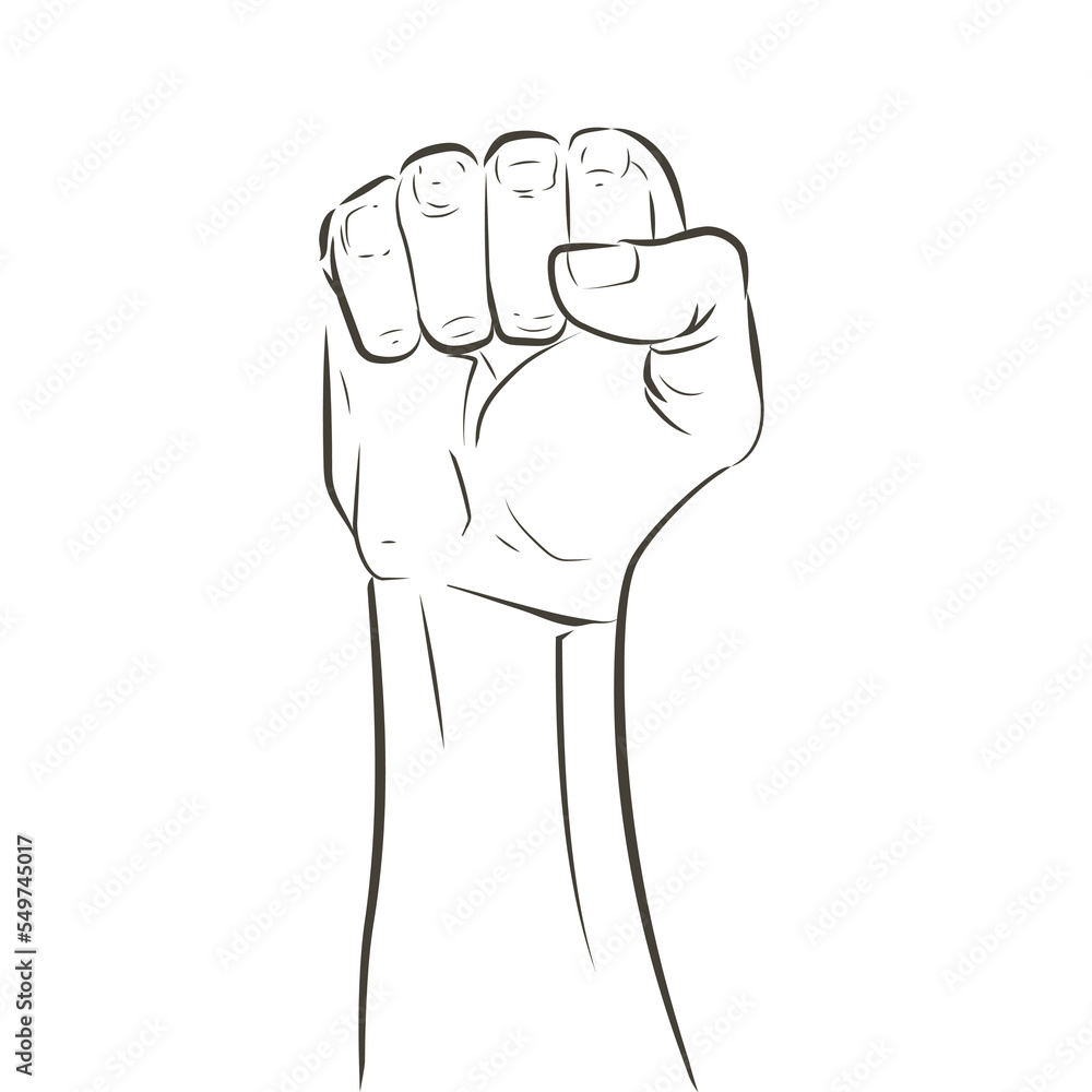 Hand raised air fighting for human rights. Fist up power Concept of protest, rebel, political demands, revolution, unity, cooperation, don't give up. Vector line logo icon Hand raised air fighting for human rights. Fist up power Concept of protest, rebel, political demands, revolution, unity, cooperation, don't give up. Vector line logo icon