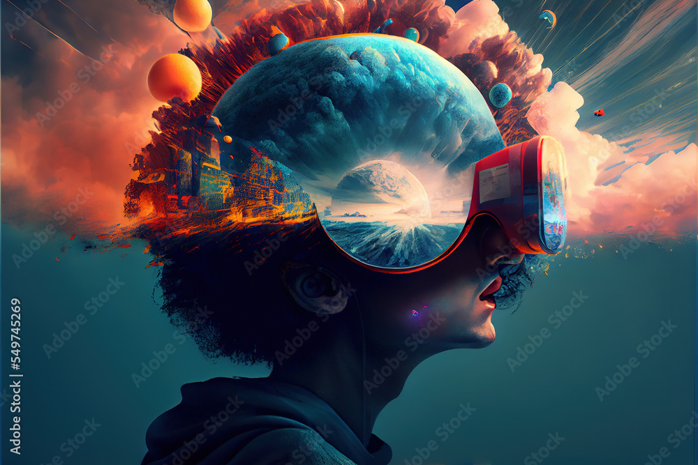 vr headset, double exposure, metaverse, futuristic virtual world, state of consciousness, technology, woman - obrazy, fototapety, plakaty 
