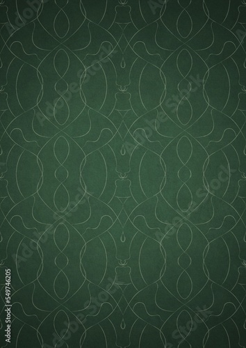 Hand-drawn unique abstract symmetrical seamless ornament. Bright green on a deep warm green with vignette of a darker background color. Paper texture. Digital artwork, A4. (pattern: p08-1e)