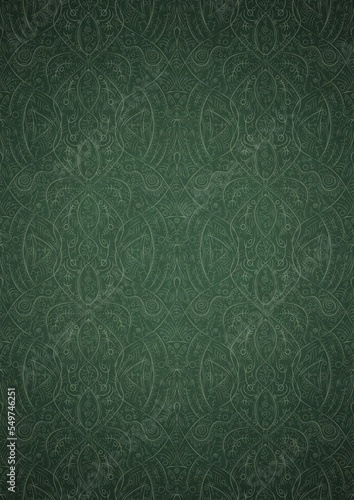 Hand-drawn unique abstract symmetrical seamless ornament. Bright green on a deep warm green with vignette of a darker background color. Paper texture. Digital artwork, A4. (pattern: p08-2e)