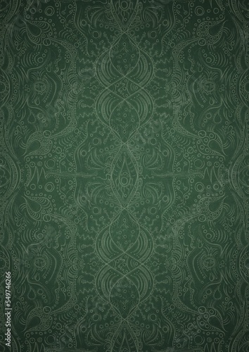 Hand-drawn unique abstract symmetrical seamless ornament. Bright green on a deep warm green with vignette of a darker background color. Paper texture. Digital artwork, A4. (pattern: p09d)