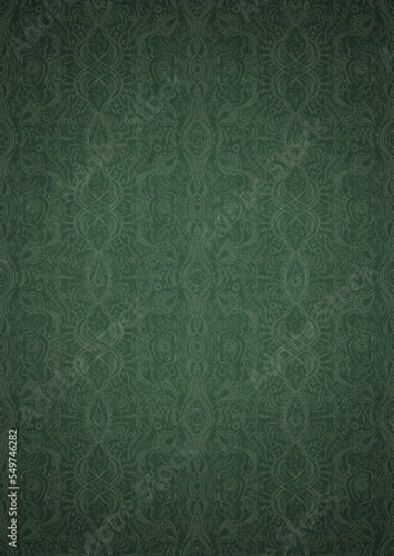 Hand-drawn unique abstract symmetrical seamless ornament. Bright green on a deep warm green with vignette of a darker background color. Paper texture. Digital artwork, A4. (pattern: p09e)
