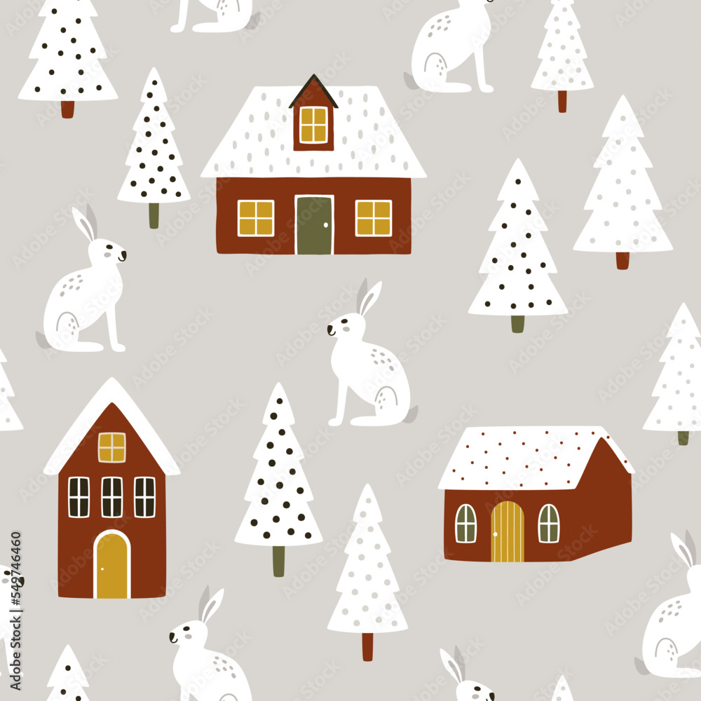 White cartoon characters of hares with Christmas trees and houses on gray backgrounds. Seamless vector winter pattern for fabric, wallpaper, branding, and wrapping. Print for gifts for the New Year