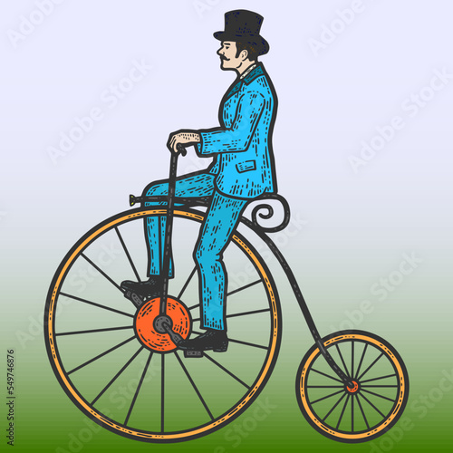 Vintage man on a high bike, penny farthing. Sketch scratch board imitation color. photo