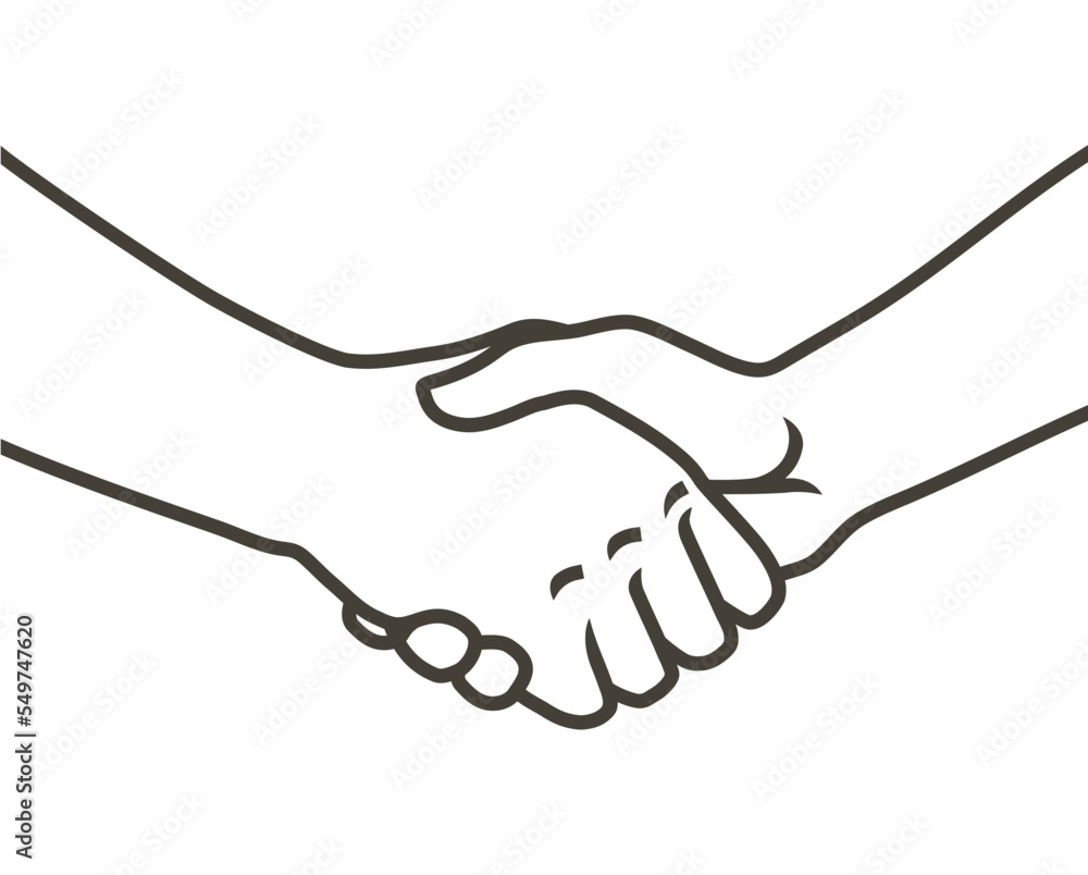 Two hands shaking each other. Partners handshake. Hands holding one another gesture of contract agreement, friendship. Logo icon sign. Vector line sketch illustration Two hands shaking each other. Partners handshake. Hands holding one another gesture of contract agreement, friendship. Logo icon sign. Vector line sketch illustration