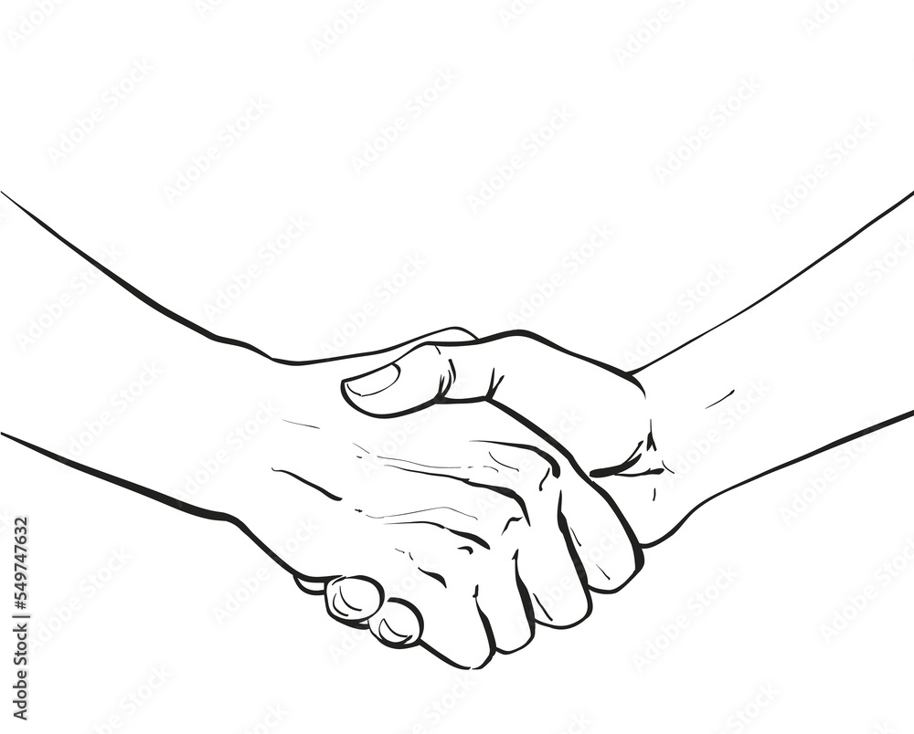 Fototapeta premium Two hands shaking each other. Partners handshake. Hands holding one another gesture of contract agreement, friendship. Logo icon sign. Vector line sketch illustration