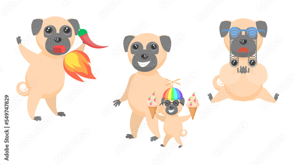 Set Abstract Collection Flat Cartoon Different Animal Pug Dogs Puppy In Goggles With Bulging Eyes, Ate Pepper And Breathes Fire, With Kids And Ice Cream Vector Design Style Elements Fauna Wildlife Set Abstract Collection Flat Cartoon Different Animal Pug Dogs Puppy In Goggles With Bulging Eyes, Ate Pepper And Breathes Fire, With Kids And Ice Cream Vector Design Style Elements Fauna Wildlife