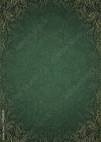 Hand-drawn unique abstract ornament. Light green on a dark warm green background, with vignette in golden glitter on darker background color. Paper texture. Digital artwork, A4. (pattern: p03d)
