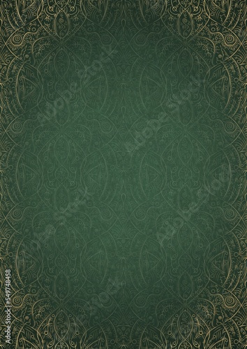 Hand-drawn unique abstract ornament. Light green on a dark warm green background, with vignette in golden glitter on darker background color. Paper texture. Digital artwork, A4. (pattern: p08-2e)