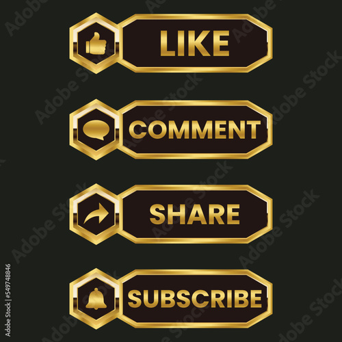 golden like comment share and subscribe icon button vector set