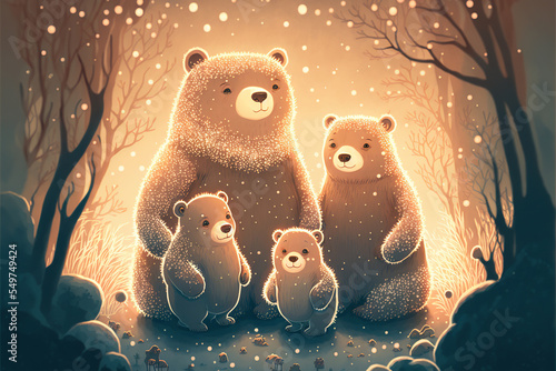 Fotografia Family of bears together in an enchanted forest, group portrait illustration