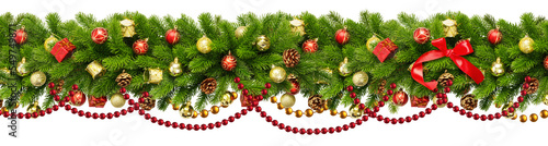 Christmas Border frame of tree branches isolated. Christmas garland with red bow