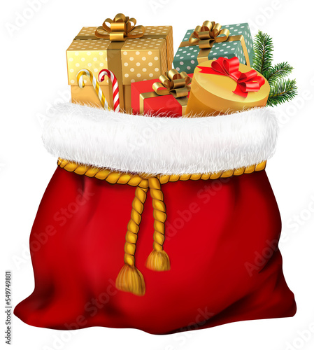 Santa Claus bag with gifts. Open Christmas red bag with candy, Christmas branches and presents..