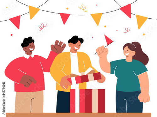 People unwrapping gift vector illustration in flat style