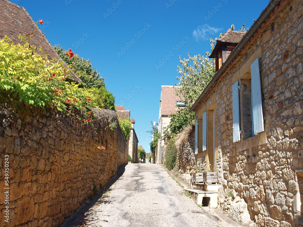 Domme majestic Bastide in Dordogne with its delightful stones perigordian houses sometimes lined with small flower gardens along quiet narrow streets 