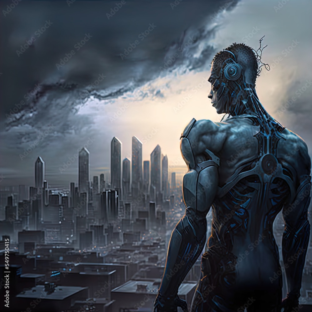 A powerful android robot surveys the city. A powerful android robot surveys the city.