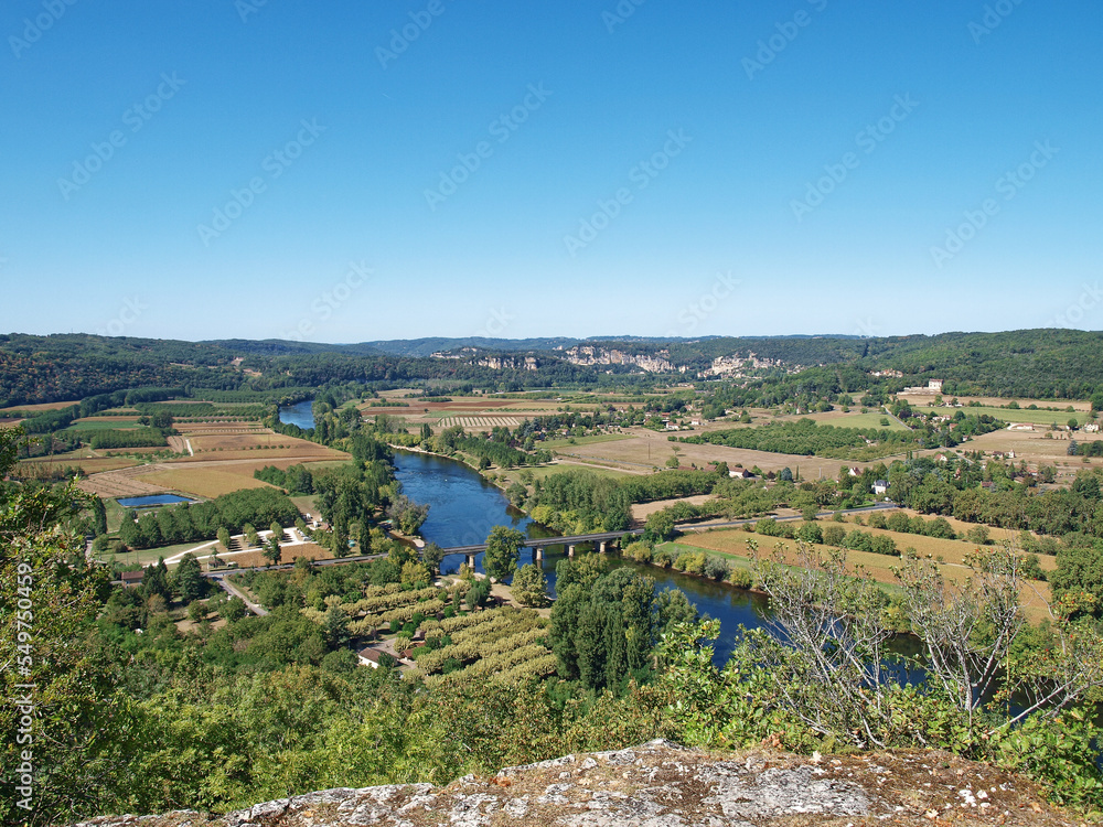Dordogne valley.  A magnificent panorama from  the Promenade des Falaises to the Dordogne river and its winding course in the valley from The Bastide of Domme