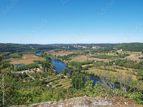 Dordogne valley. A magnificent panorama from the Promenade des Falaises to the Dordogne river and its winding course in the valley from The Bastide of Domme