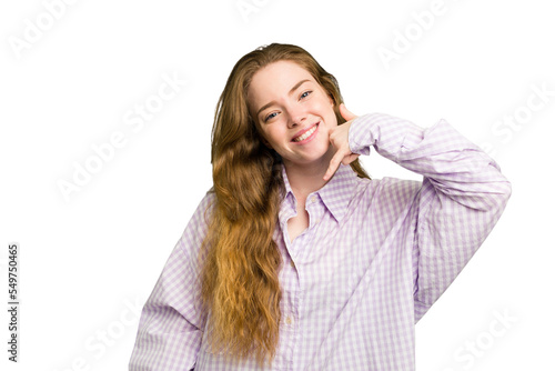 Young caucasian redhead woman isolated showing a mobile phone call gesture with fingers.