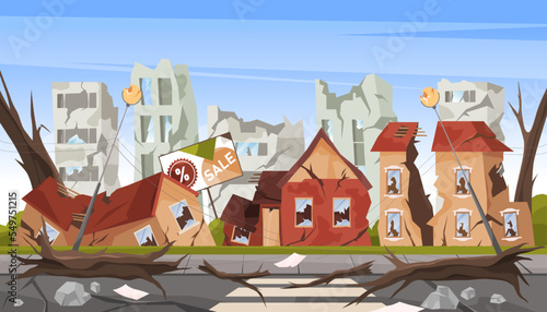 Ruined city or destroyed town scape, vector banner