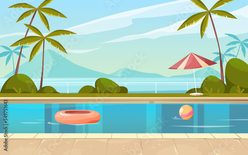 Pool view or poolside scenery, vector banner