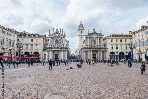 The crowded Piazza San Carlo in Turin on a cloudy Sunday