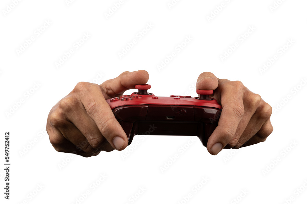 Hands playing with a game controller on transparent background Stock