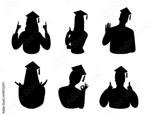 Graduation students. Vector simple silhouette shadow shape, flat black icon set isolated on white backround. Education concept, logo design element.