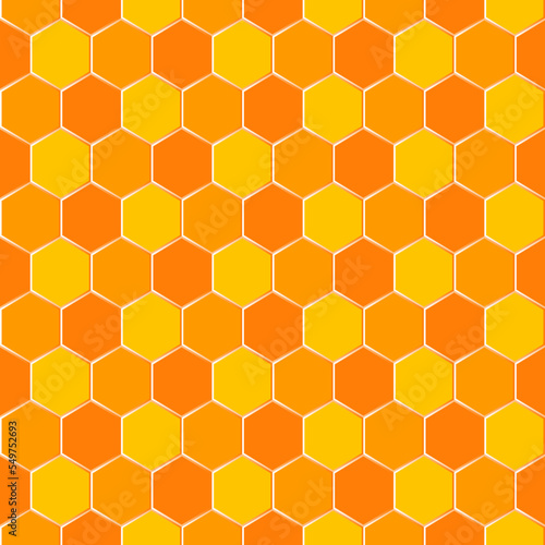 Bee honeycomb seamless pattern, flat cartoon fabric print template, colorful food illustration, orange propolis beeswax vector.