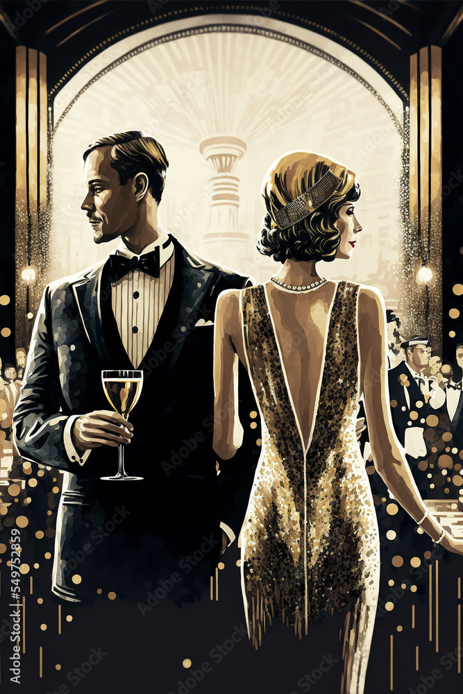 Naklejka premium Art Deco Party Celebration Illustration, Couple at a party in the style of the early 20th century, Gatsby Style, Fashion Illustration , New Year's Eve