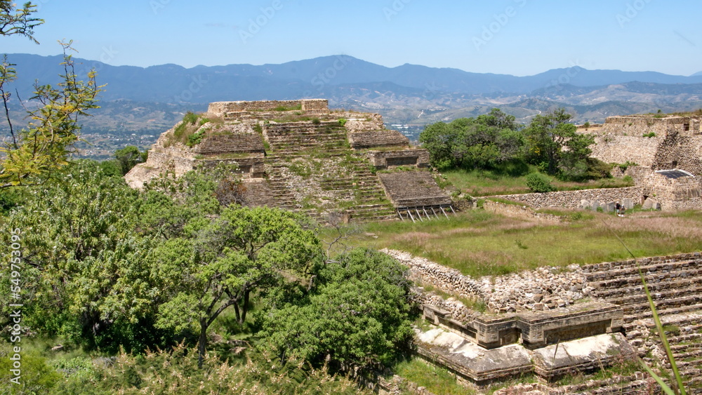 Overhead view of pyramids at Monte Alban in Oaxaca, Mexico, seen from the South Platform