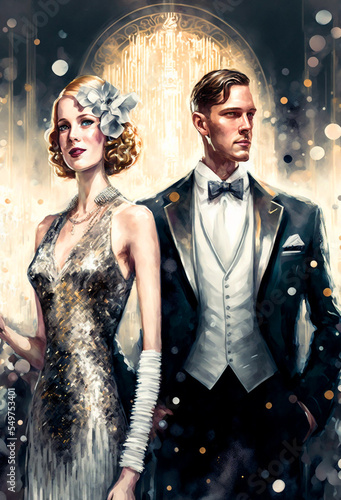 Art Deco Party Celebration Illustration, Couple at a party in the style of the early 20th century, Gatsby Style, Fashion Illustration , New Year's Eve