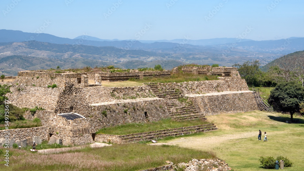 Overhead view of pyramids at Monte Alban in Oaxaca, Mexico, seen from the South Platform