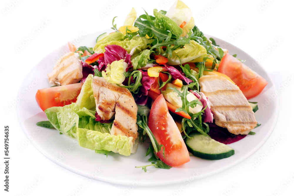 Mixed Salad on a Plate with grilled Chicken isolated on white background