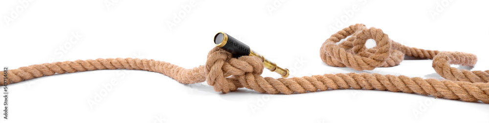 Strong Rope with Knot and Telescope isolated on white Background