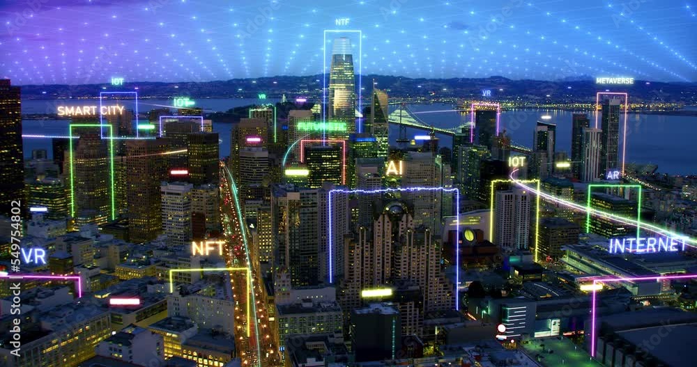 Beautiful Aerial View of San Francisco Skyline at Dusk. Several Words