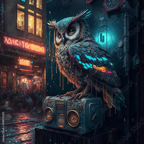 street art style of owl leang up against audio photo