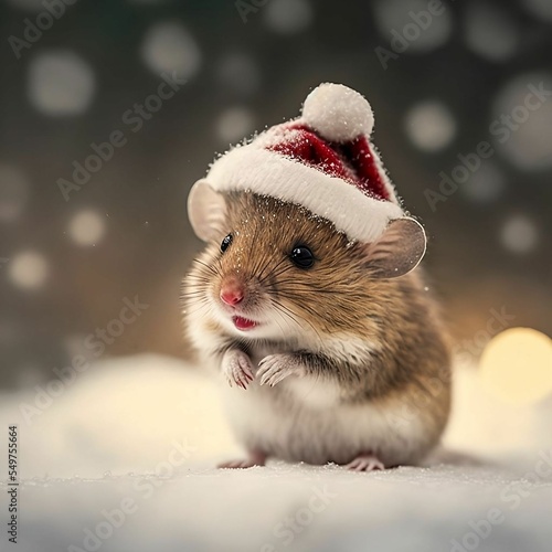 Mouse Wearing Santa Hat In Snow | Created Using Midjourney and Photoshop