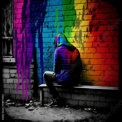 Sulking Human in Hoodie in an Alleyway with Rainbow Colored Walls | Depressed Sad Rainbow Pride Concept  | Created Using Midjourney and Photoshop