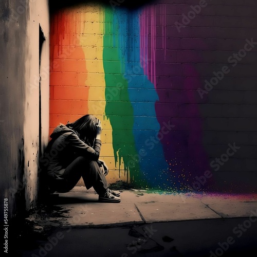 Sulking Human in Hoodie in an Alleyway with Rainbow Colored Walls | Depressed Sad Rainbow Pride Concept  | Created Using Midjourney and Photoshop photo