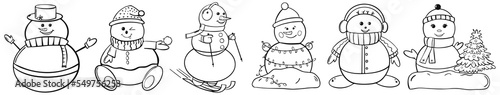 Cute christmas snowmen flat vector illustrations set. Winter outdoor activity for kids isolated cliparts pack. flat vector cartoon isolated set. Set of winter holidays snowman.