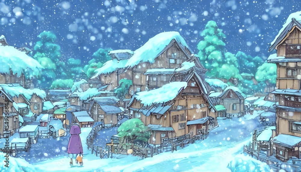 The snow is freshly falling and the rooftops are dusted with a blanket of white. The village looks like a scene from a storybook; warm lights glowing in the windows, plumes of smoke rising from chimne