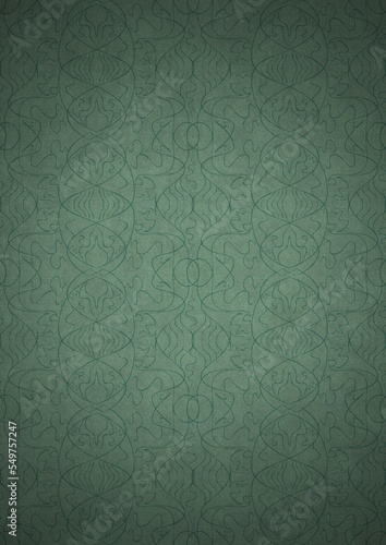 Hand-drawn unique abstract symmetrical seamless ornament. Dark semi transparent green on a light cold green with vignette of a darker background color. Paper texture. A4. (pattern: p02-1e)