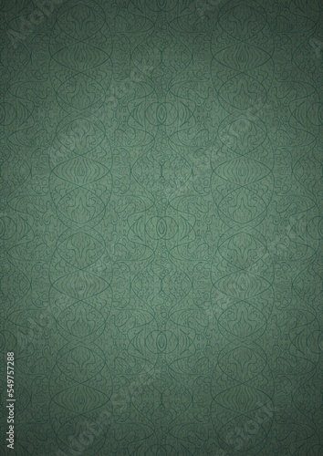 Hand-drawn unique abstract symmetrical seamless ornament. Dark semi transparent green on a light cold green with vignette of a darker background color. Paper texture. A4. (pattern: p02-2e)