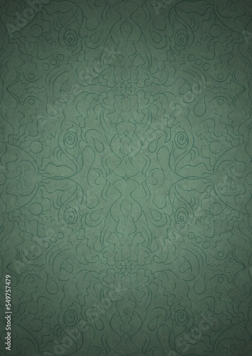 Hand-drawn unique abstract symmetrical seamless ornament. Dark semi transparent green on a light cold green with vignette of a darker background color. Paper texture. A4. (pattern: p07-1d)