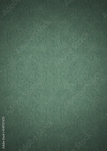 Hand-drawn unique abstract symmetrical seamless ornament. Dark semi transparent green on a light cold green with vignette of a darker background color. Paper texture. A4. (pattern: p08-2e)