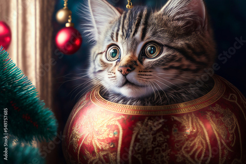 cat with christmas ball