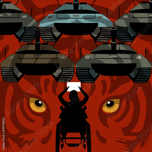 A woman raising an A4 white paper sitting on a wheel chair in front of tanks and a red tiger, vector