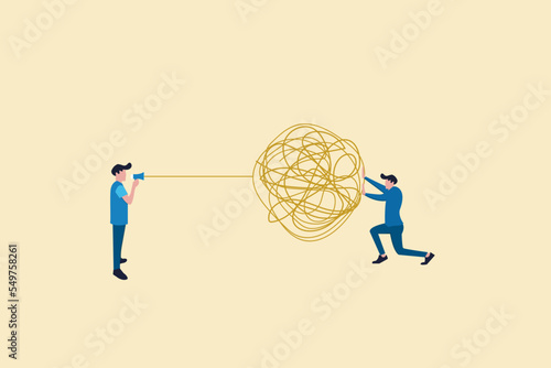 businessman with megaphone talking through messy chaos, tangled phone line make other confused. concept of miscommunication and misinformation.